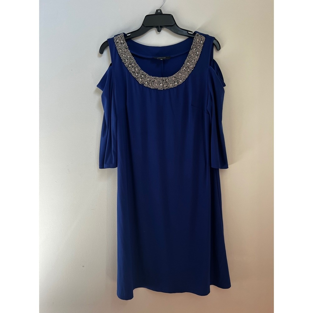 R & M Richards Royal Blue Cold Shoulder Beaded Neckline Formal Dress Size 14